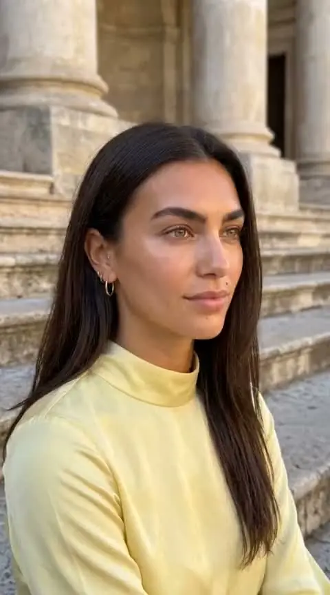 Portrait en haut jaune devant un escalier de pierre
